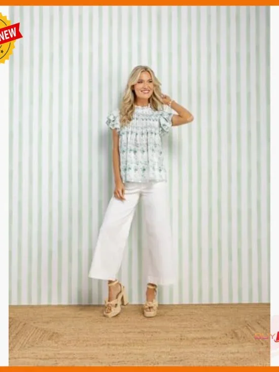 Flutter Sleeve Cotton Top, Pleated Bodice, Swing Hem, Size Small - Picture 6 of 6